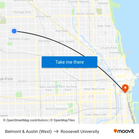 Belmont & Austin (West) to Roosevelt University map