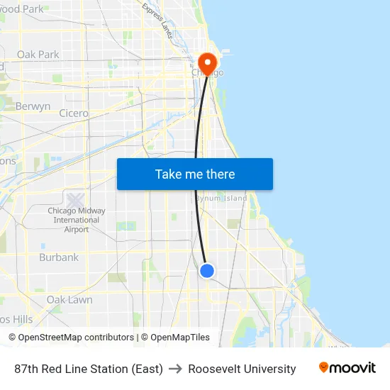 87th Red Line Station (East) to Roosevelt University map