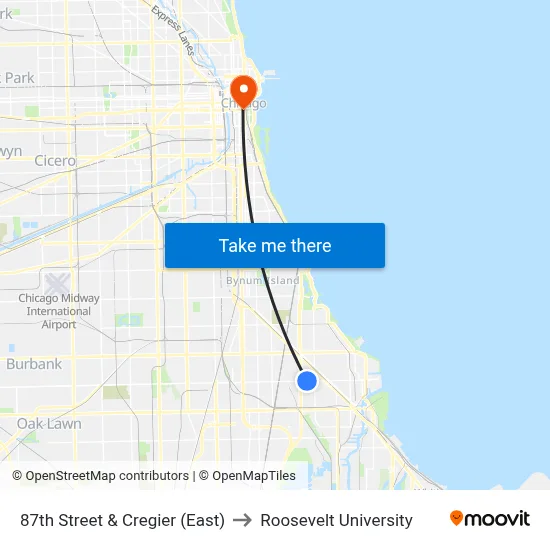 87th Street & Cregier (East) to Roosevelt University map
