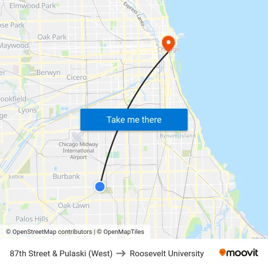87th Street & Pulaski (West) to Roosevelt University map