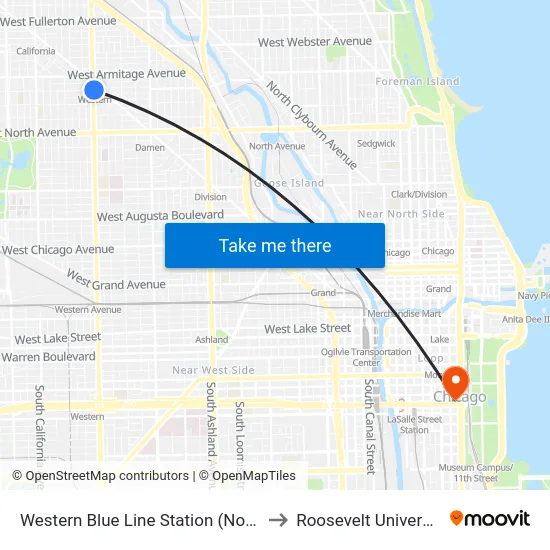 Western Blue Line Station (North) to Roosevelt University map