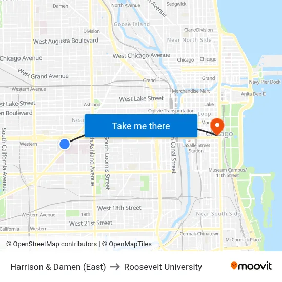 Harrison & Damen (East) to Roosevelt University map