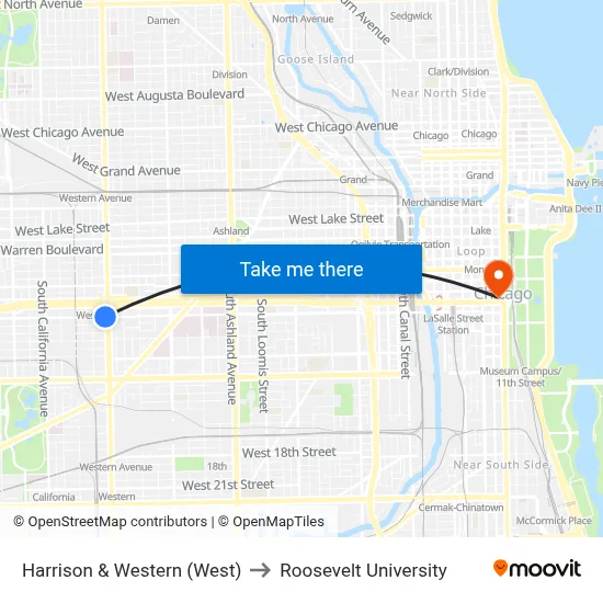 Harrison & Western (West) to Roosevelt University map