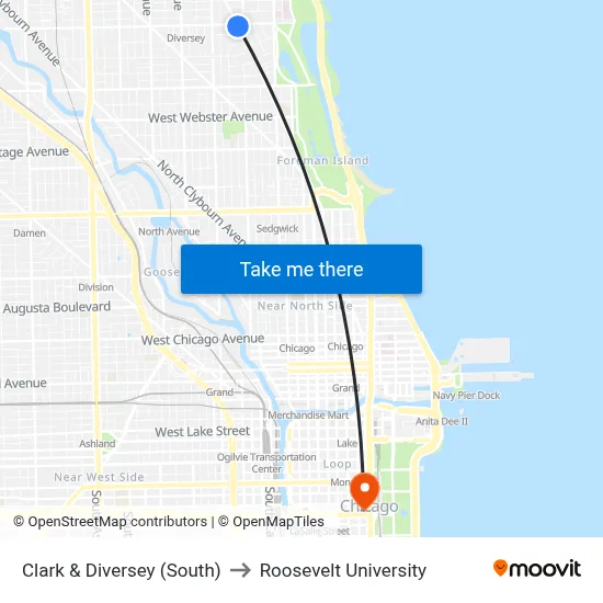 Clark & Diversey (South) to Roosevelt University map