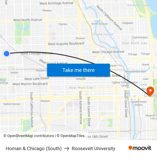 Homan & Chicago (South) to Roosevelt University map