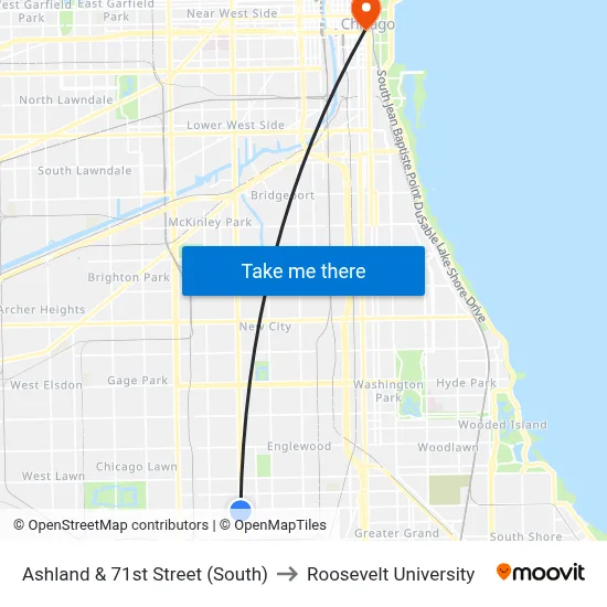 Ashland & 71st Street (South) to Roosevelt University map