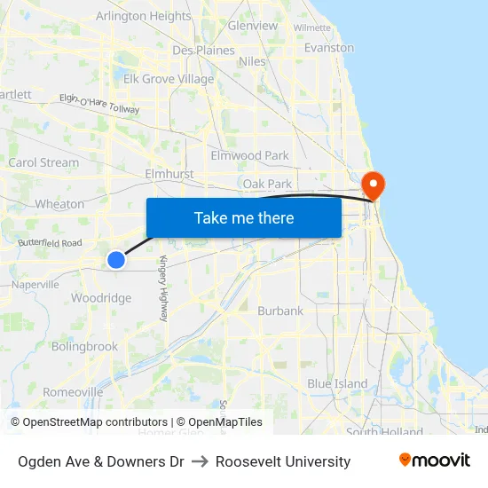 Ogden Ave & Downers Dr to Roosevelt University map