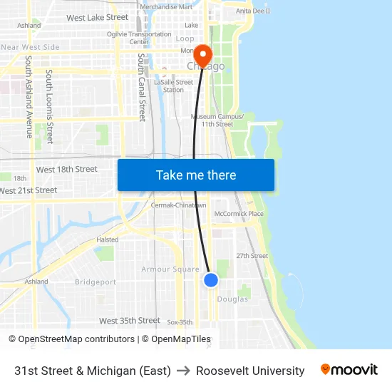 31st Street & Michigan (East) to Roosevelt University map