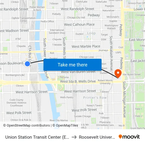 Union Station Transit Center (East) to Roosevelt University map