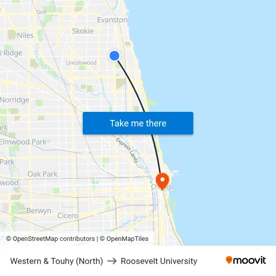 Western & Touhy (North) to Roosevelt University map