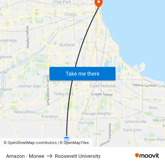 Amazon - Monee to Roosevelt University map