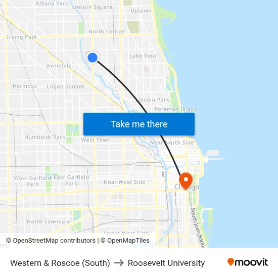 Western & Roscoe (South) to Roosevelt University map