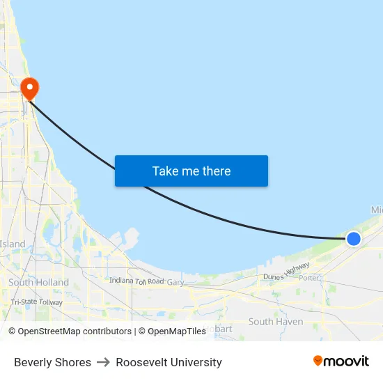 Beverly Shores to Roosevelt University map