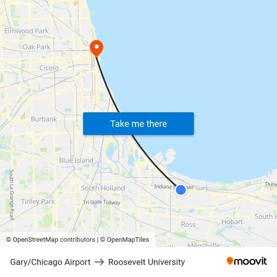 Gary/Chicago Airport to Roosevelt University map