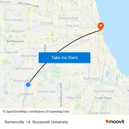 Romeoville to Roosevelt University map