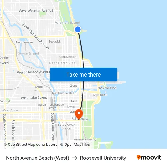 North Avenue Beach (West) to Roosevelt University map