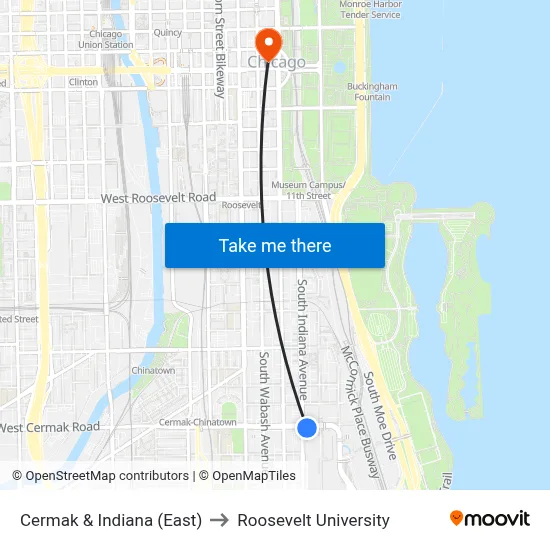 Cermak & Indiana (East) to Roosevelt University map