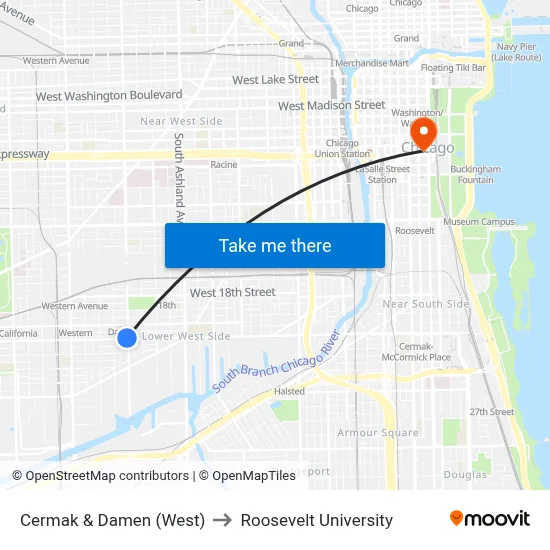 Cermak & Damen (West) to Roosevelt University map