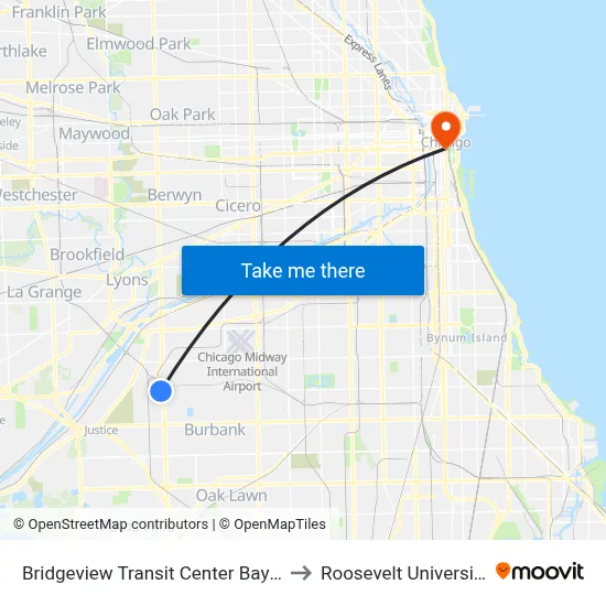 Bridgeview Transit Center Bay 1 to Roosevelt University map