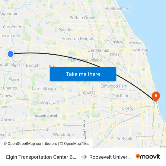 Elgin Transportation Center Bay 1 to Roosevelt University map