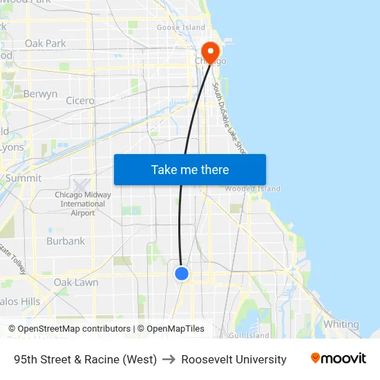 95th Street & Racine (West) to Roosevelt University map
