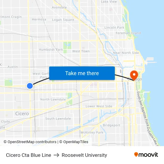 Cicero Cta Blue Line to Roosevelt University map