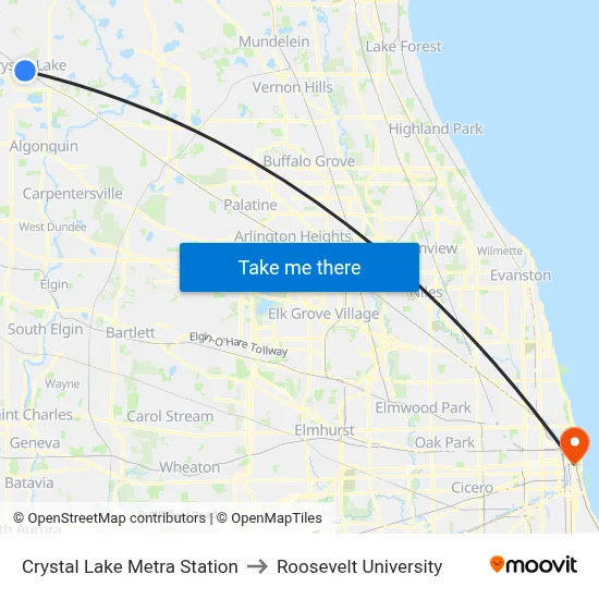 Crystal Lake Metra Station to Roosevelt University map