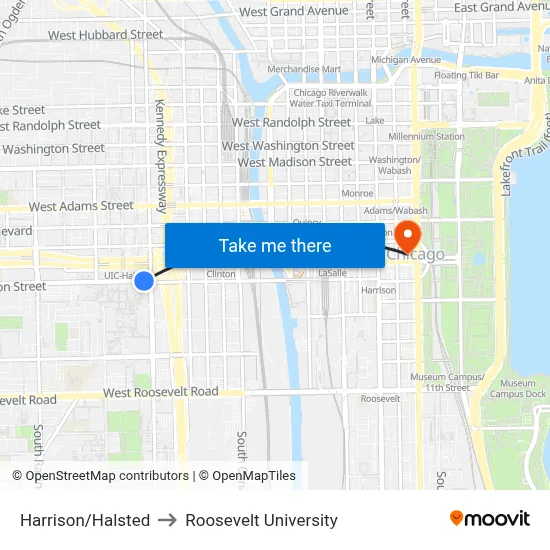 Harrison/Halsted to Roosevelt University map