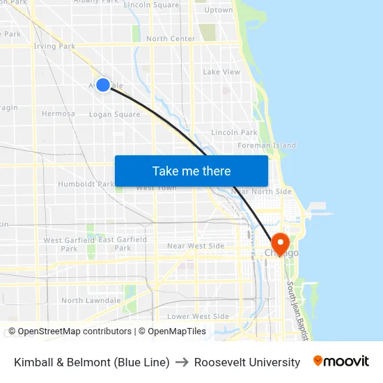Kimball & Belmont (Blue Line) to Roosevelt University map