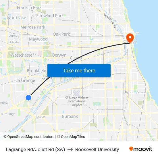 Lagrange Rd/Joliet Rd (Sw) to Roosevelt University map