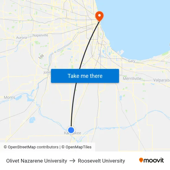 Olivet Nazarene University to Roosevelt University map