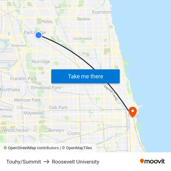 Touhy/Summit to Roosevelt University map