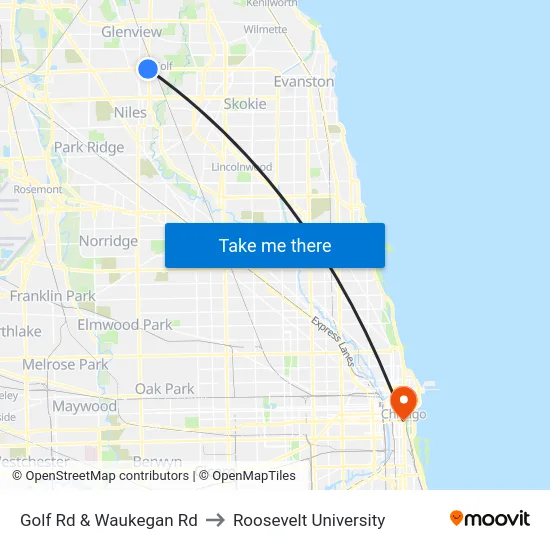Golf Rd & Waukegan Rd to Roosevelt University map