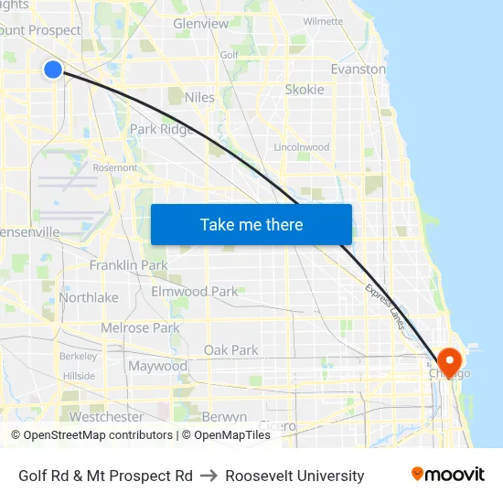 Golf Rd & Mt Prospect Rd to Roosevelt University map
