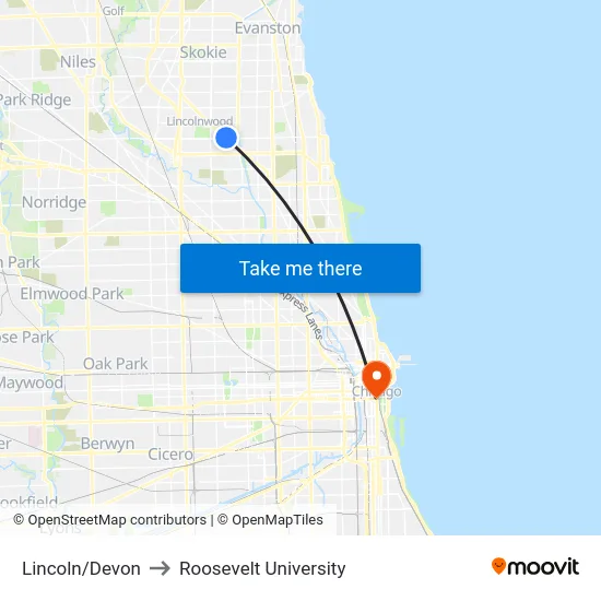 Lincoln/Devon to Roosevelt University map