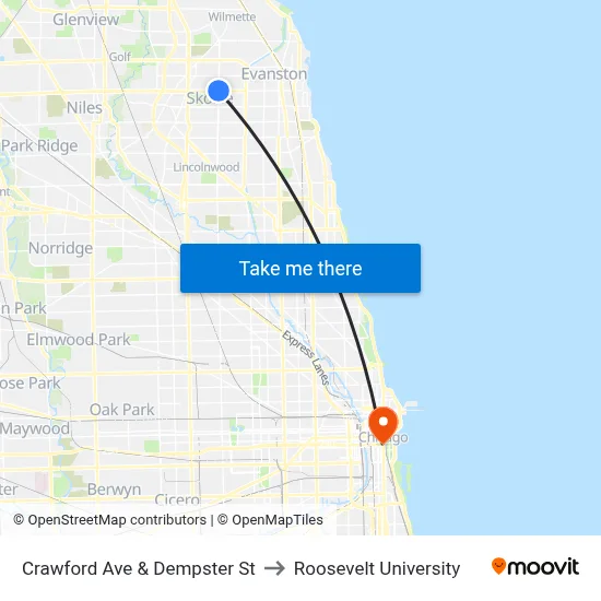 Crawford Ave & Dempster St to Roosevelt University map
