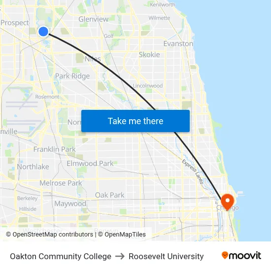 Oakton Community College to Roosevelt University map