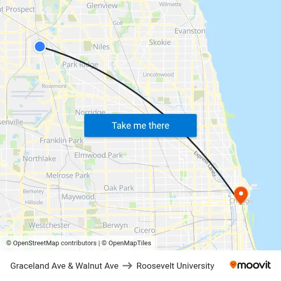 Graceland Ave & Walnut Ave to Roosevelt University map