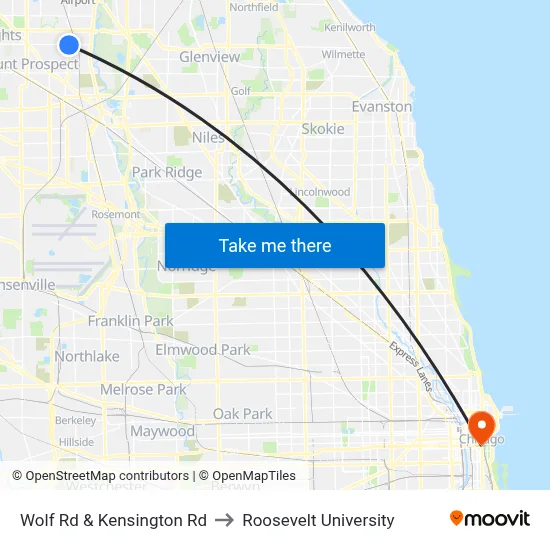 Wolf Rd & Kensington Rd to Roosevelt University map