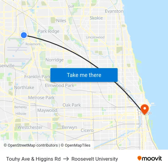 Touhy Ave & Higgins Rd to Roosevelt University map