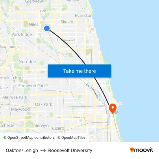 Oakton/Lehigh to Roosevelt University map