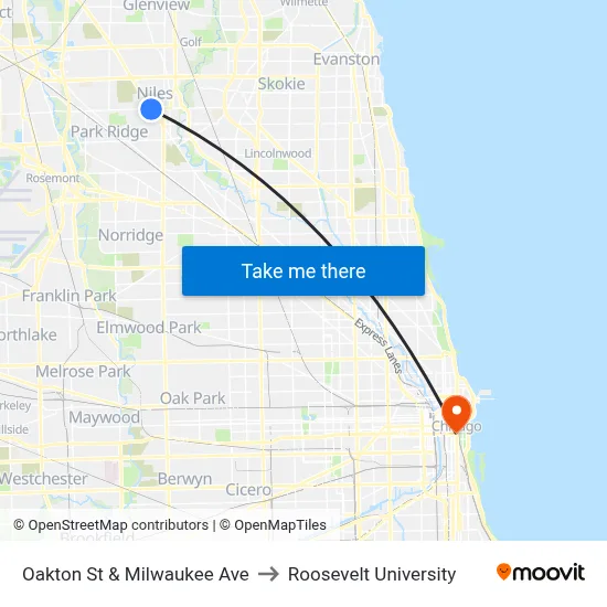 Oakton St & Milwaukee Ave to Roosevelt University map