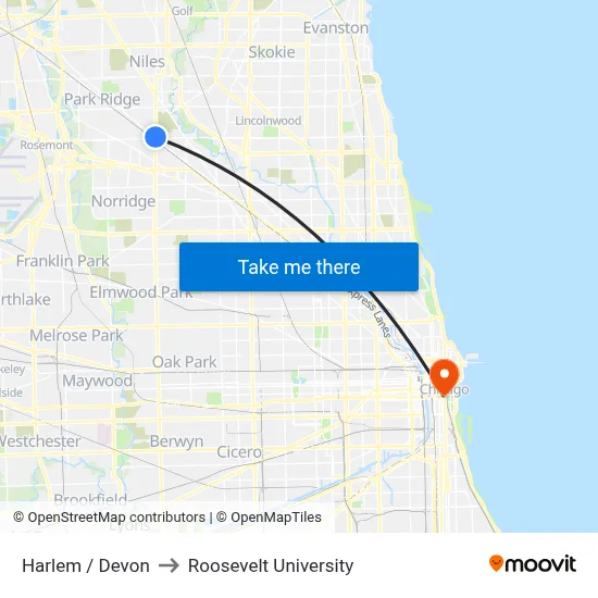 Harlem / Devon to Roosevelt University map