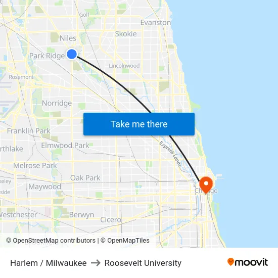 Harlem / Milwaukee to Roosevelt University map