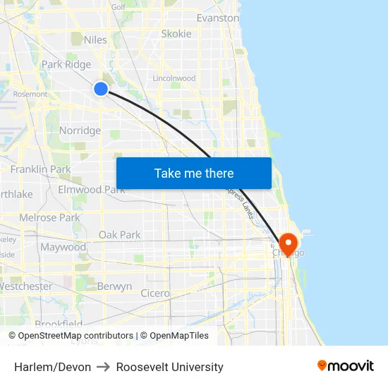 Harlem/Devon to Roosevelt University map