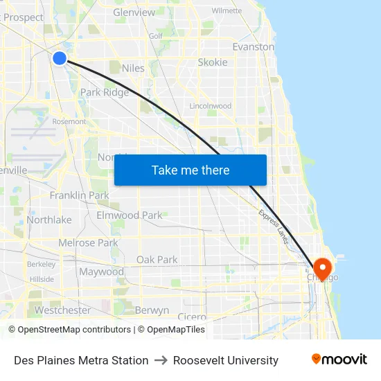 Des Plaines Metra Station to Roosevelt University map