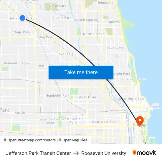 Jefferson Park Transit Center to Roosevelt University map