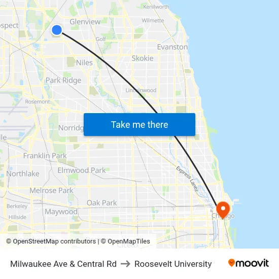 Milwaukee Ave & Central Rd to Roosevelt University map
