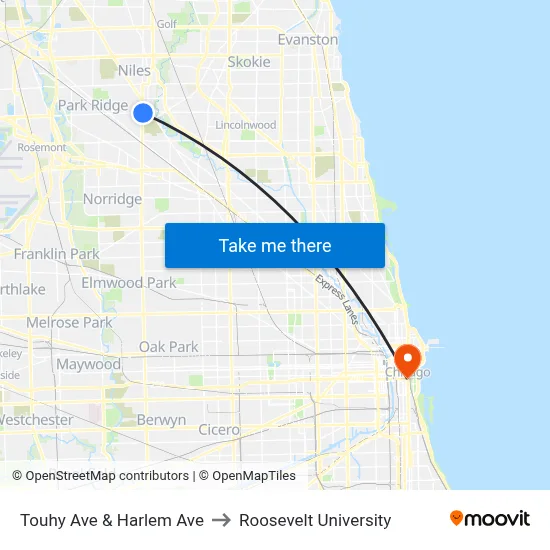 Touhy Ave & Harlem Ave to Roosevelt University map