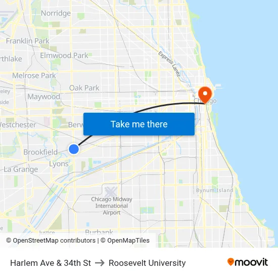 Harlem Ave & 34th St to Roosevelt University map